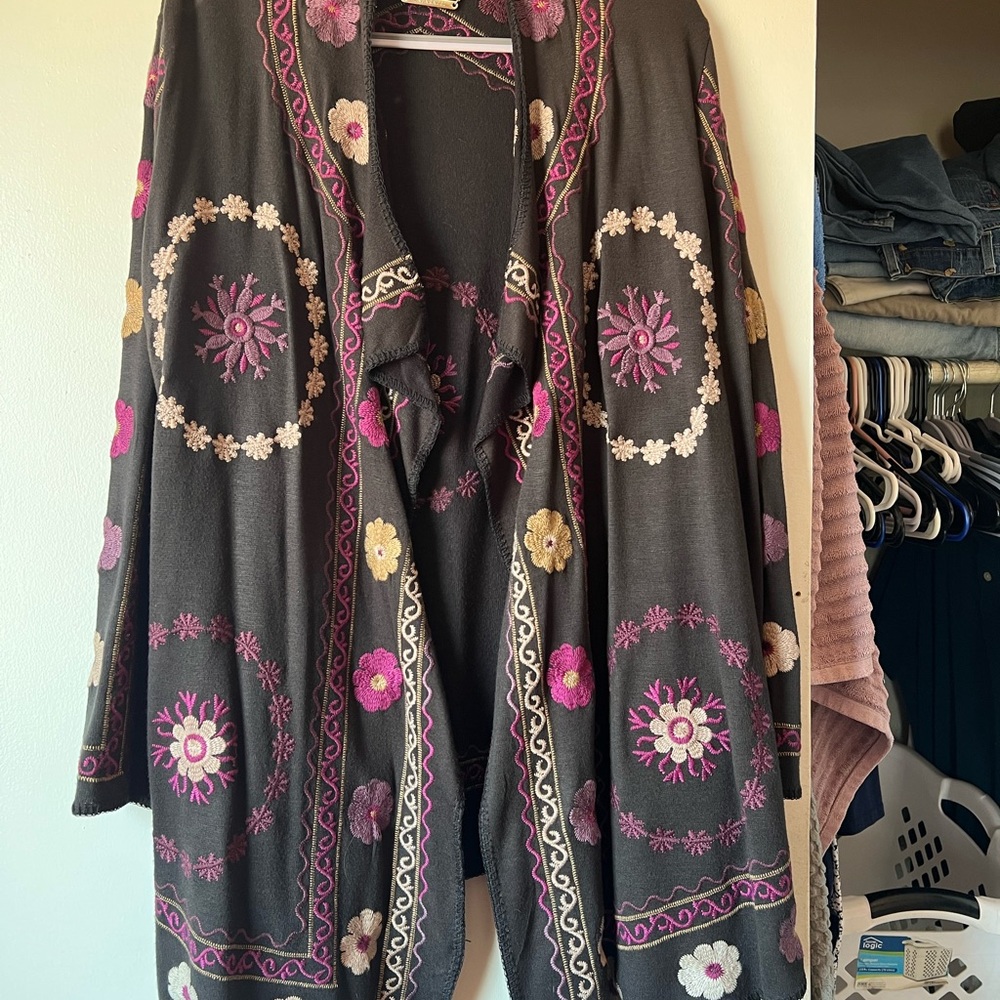 Paparazzi Gray and Pink Cardigan Sweater with Floral Accents